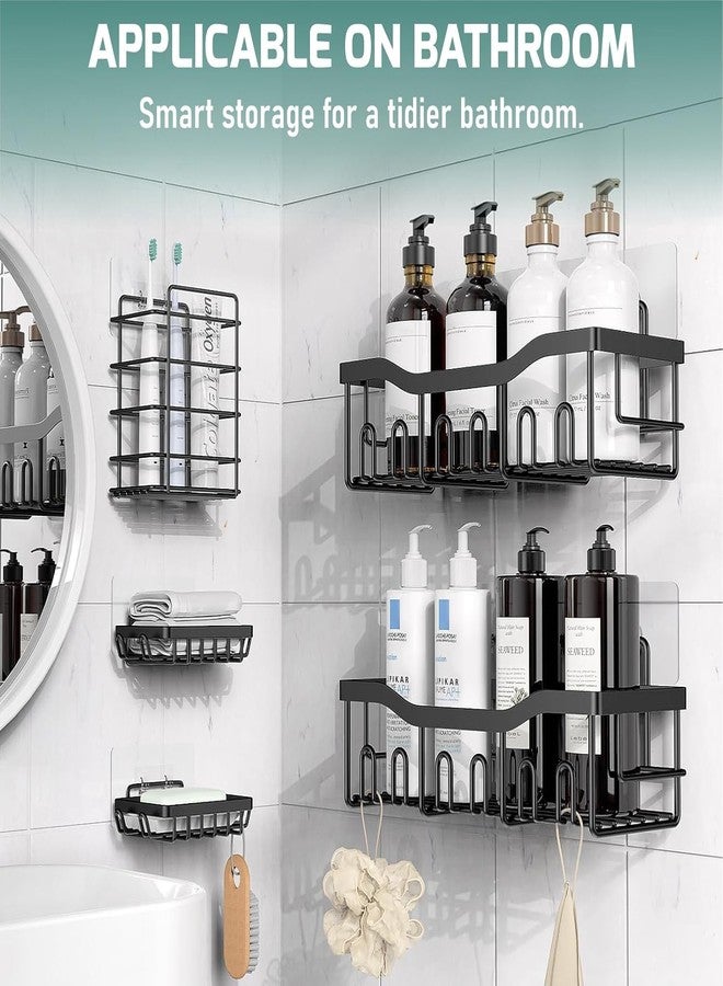 آي ستار مجموعة رفوف حمام ذاتية اللصق مثبتة على الحائط من iSTAR مكونة من 5 قطع مع حامل فرشاة أسنان وخطافات | رف استحمام مقاوم للصدأ | رف تخزين متعدد الأغراض لأدوات النظافة الشخصية، ومنظم للمطبخ وغرفة المعيشة (مجموعة من 5 قطع) - Image 3